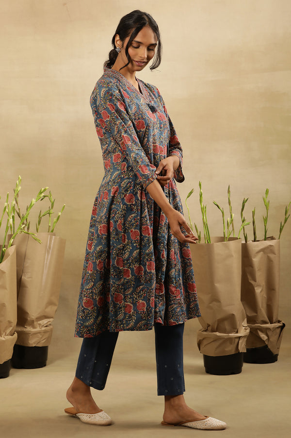 Blue & Red Block Print  V-Neck Panelled Kurta