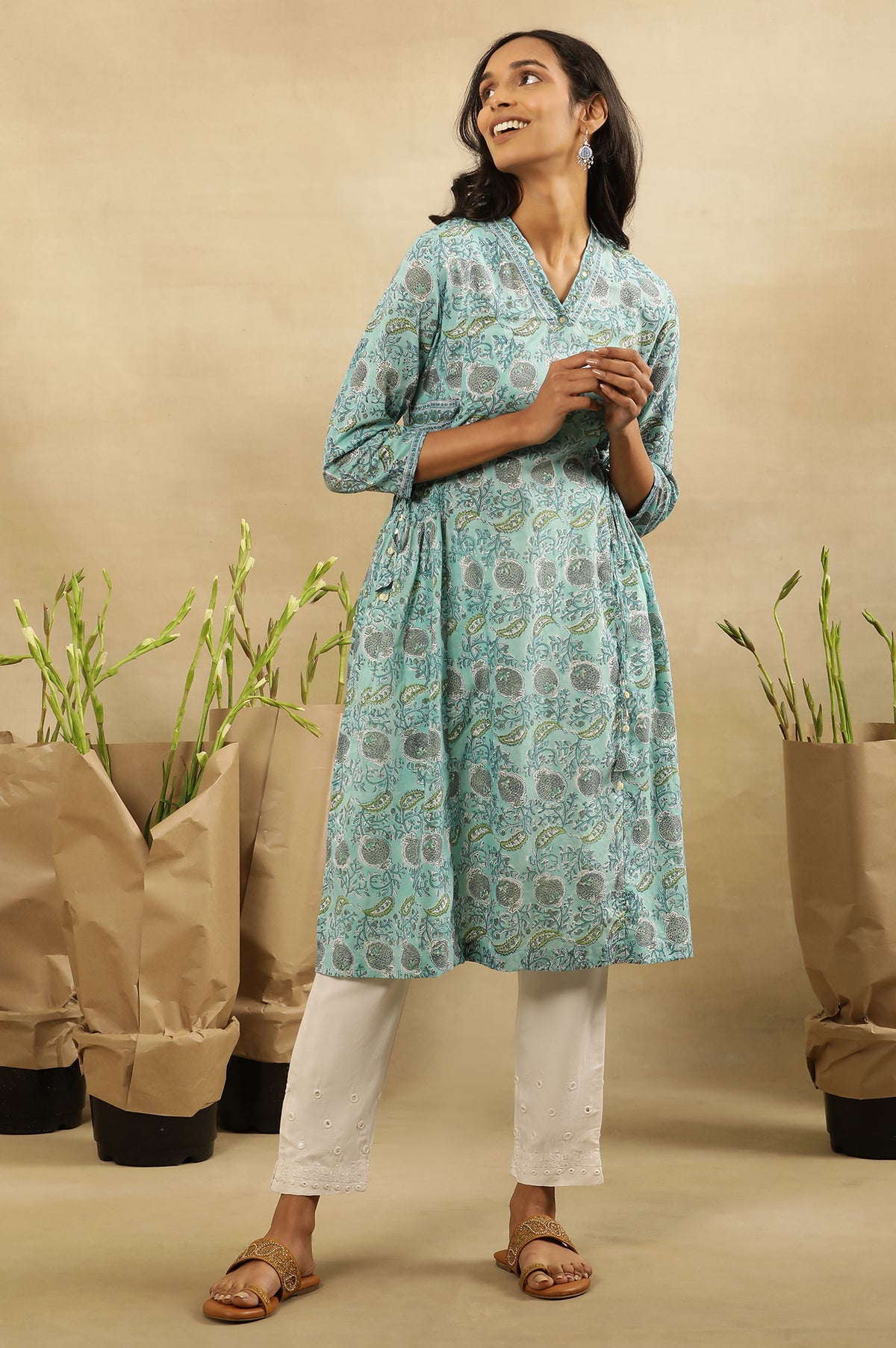 Blue Block Printed Kurta With Side Tie-Ups - XS