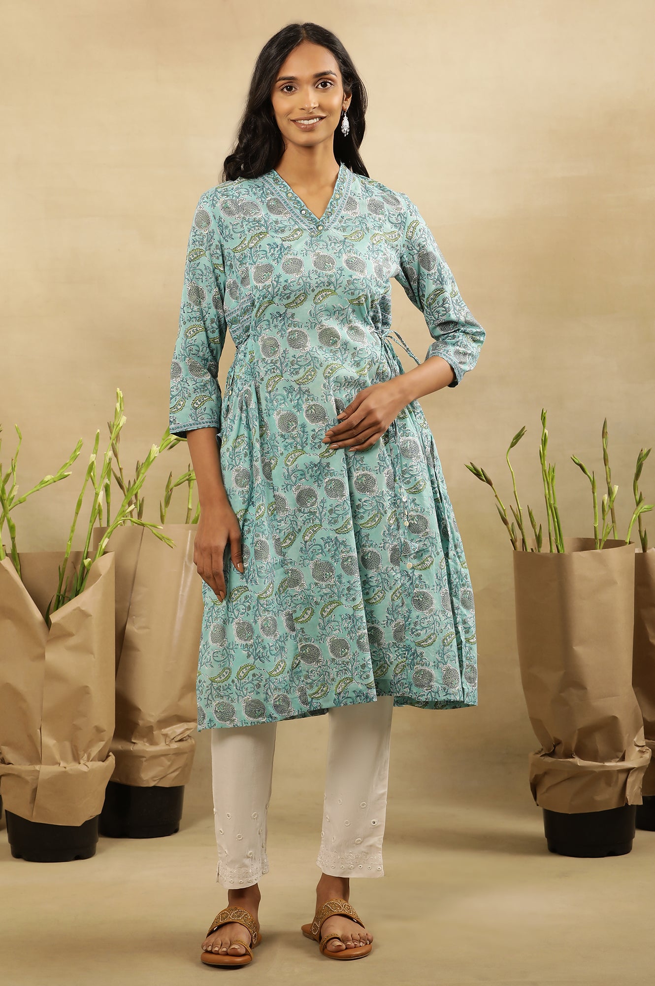 Blue Block Printed Kurta With Side Tie-Ups