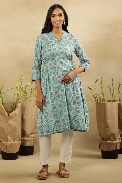 Blue Block Printed Kurta With Side Tie-Ups