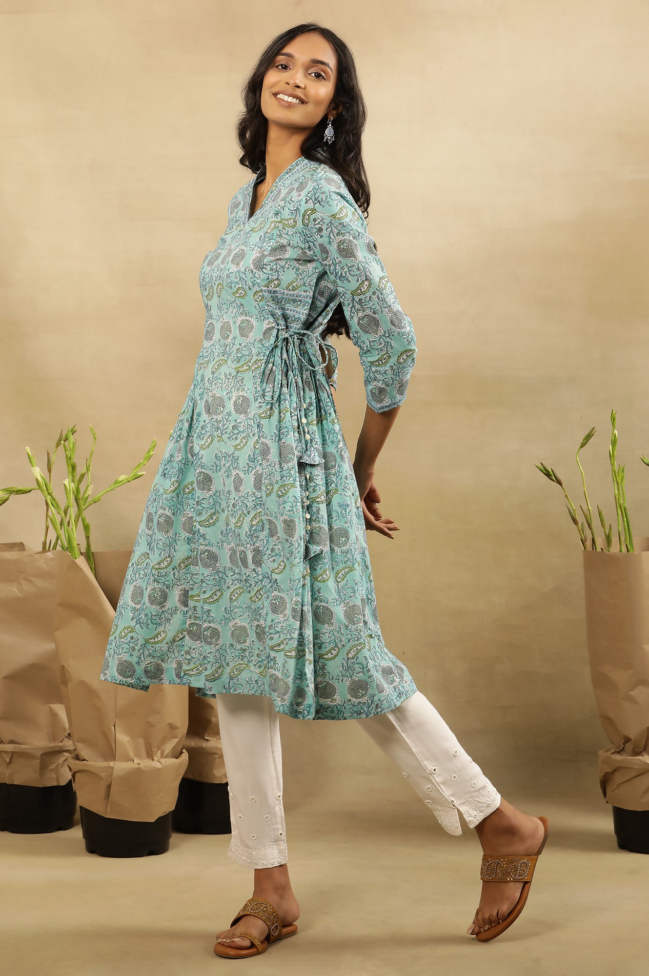 Blue Block Printed Kurta With Side Tie-Ups