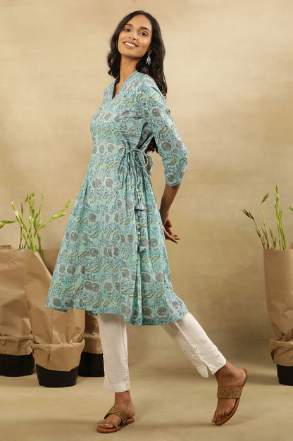 Blue Block Printed Kurta With Side Tie-Ups