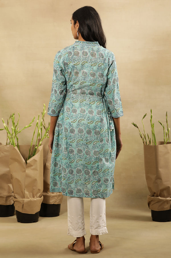 Blue Block Printed Kurta With Side Tie-Ups