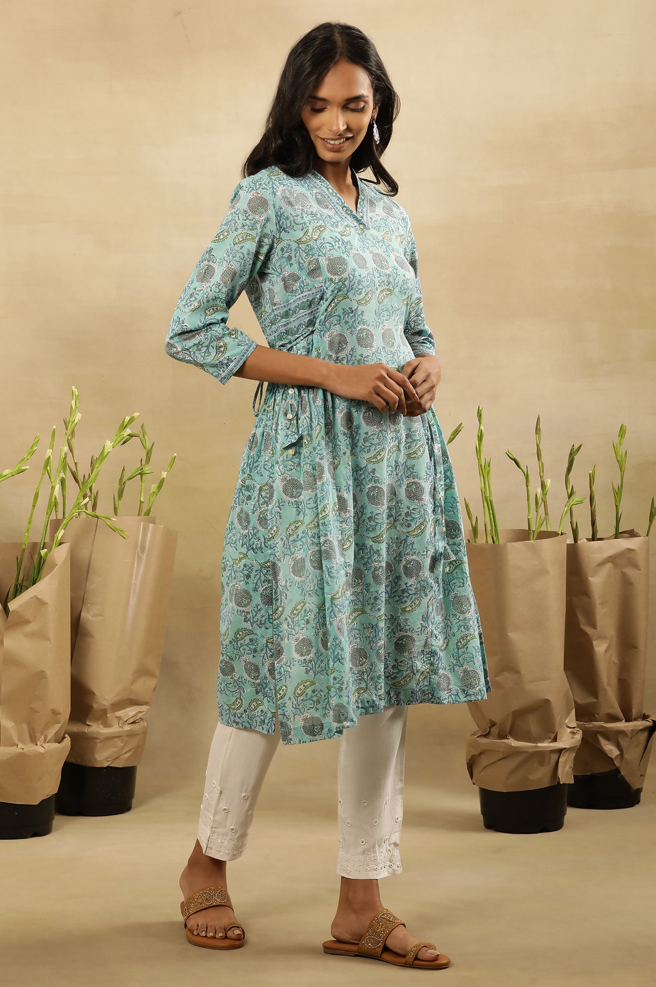 Blue Block Printed Kurta With Side Tie-Ups