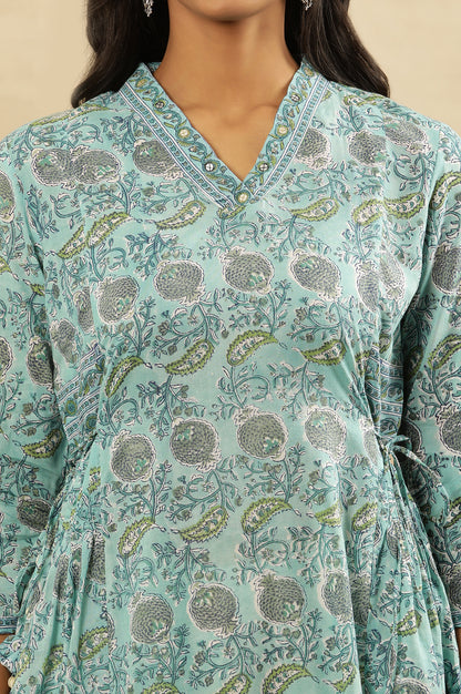 Blue Block Printed Kurta With Side Tie-Ups