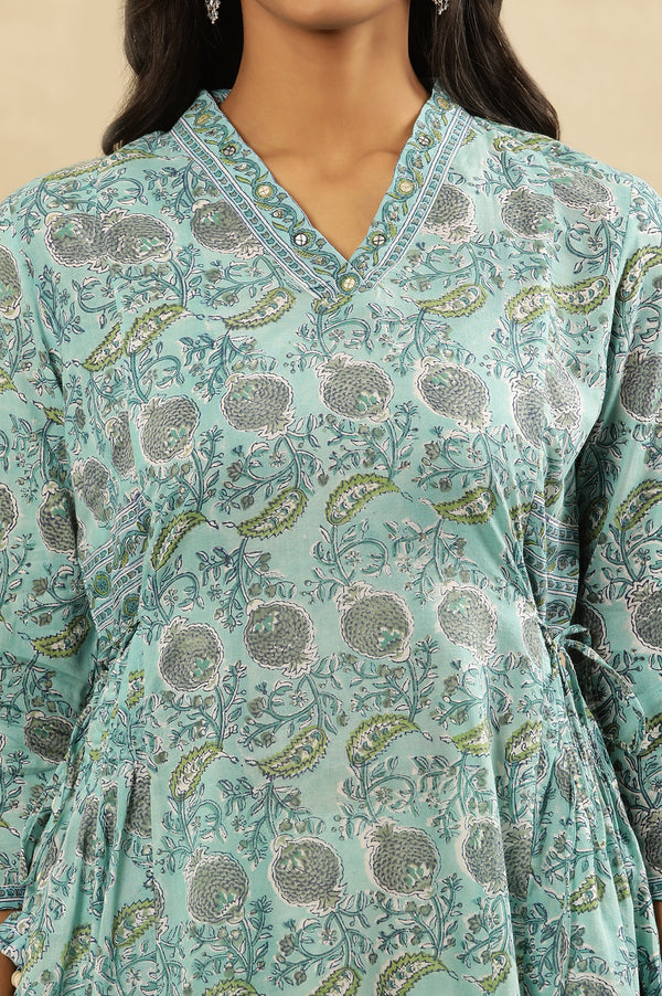 Blue Block Printed Kurta With Side Tie-Ups