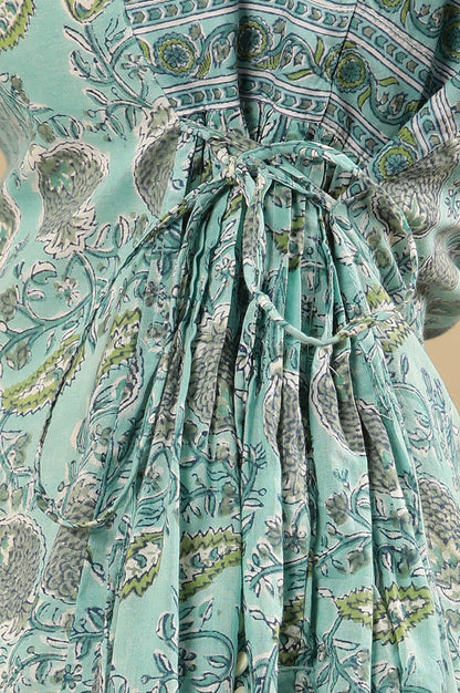 Blue Block Printed Kurta With Side Tie-Ups