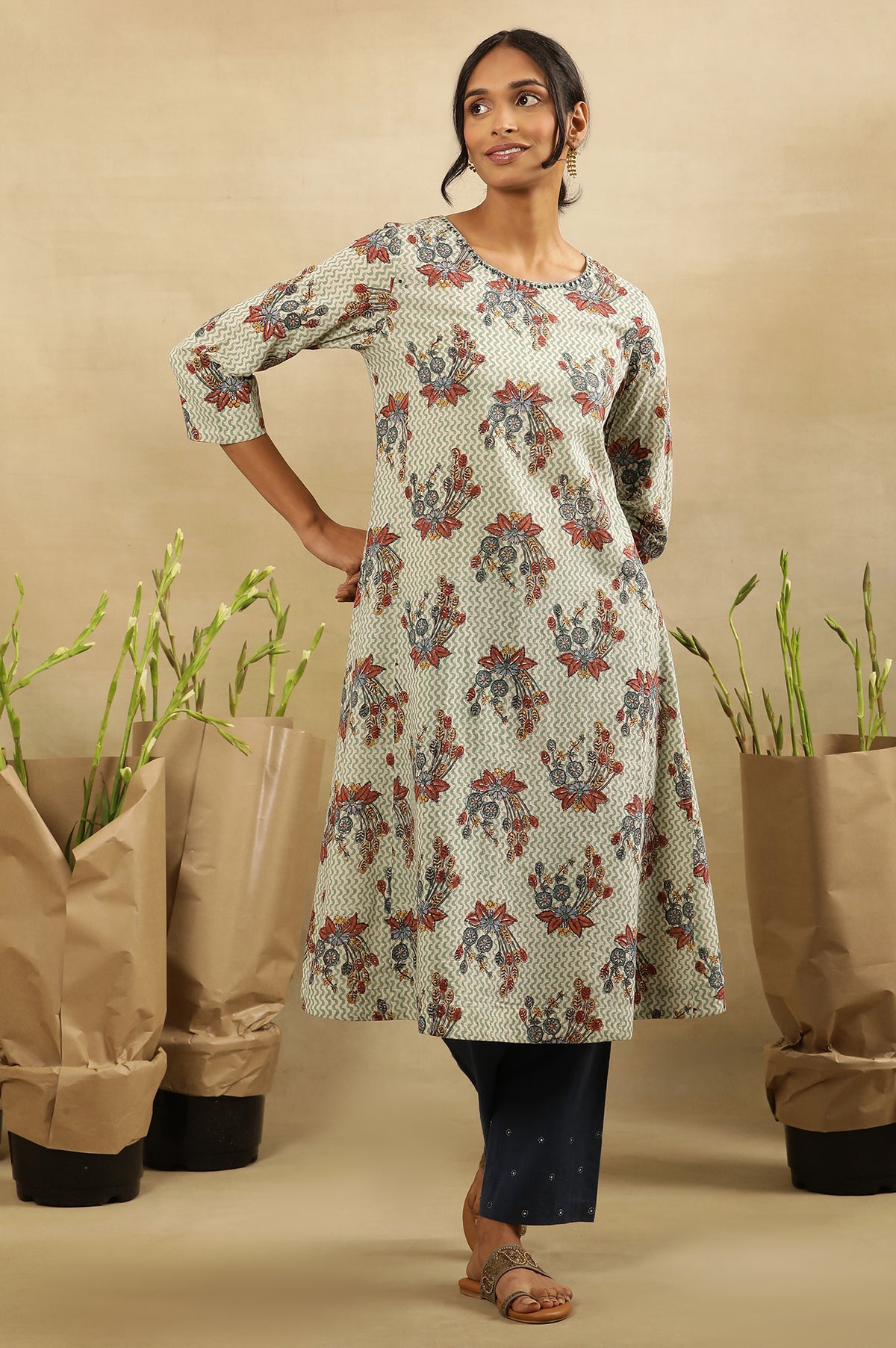 Hand Block Print A-Line Kurta In Cotton Voile - XS