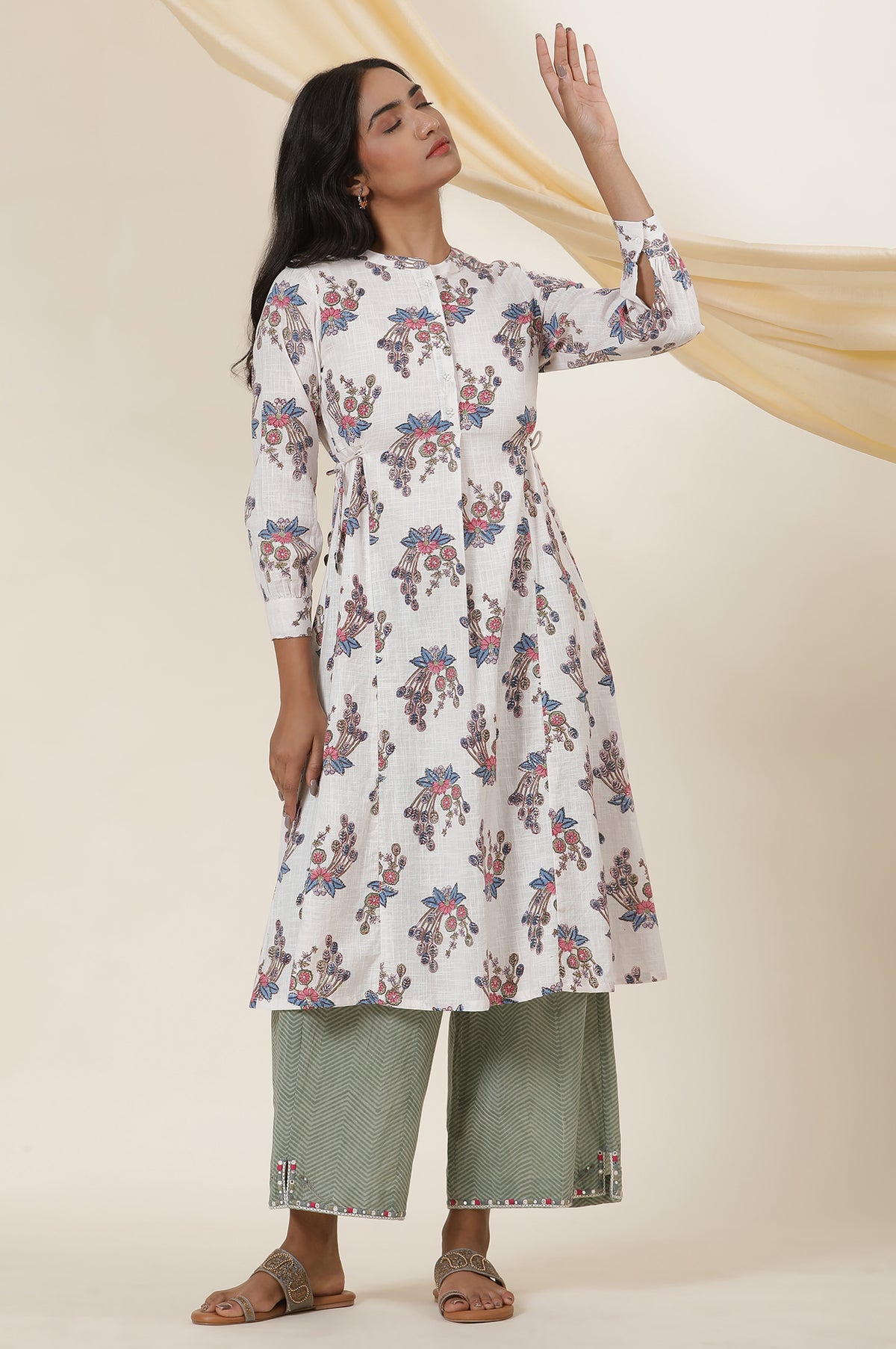 Ecru Block Printed Shirt Dress Kurta With Side Tie-Ups - XS