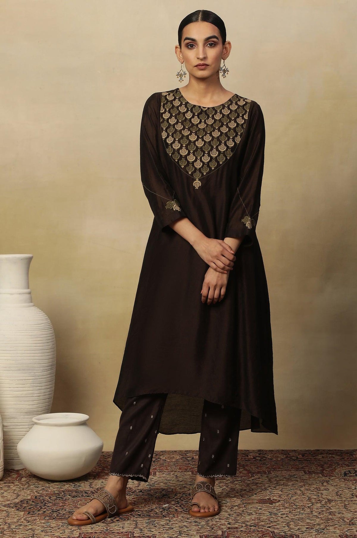 Brown Embroidered Kurta In Chanderi