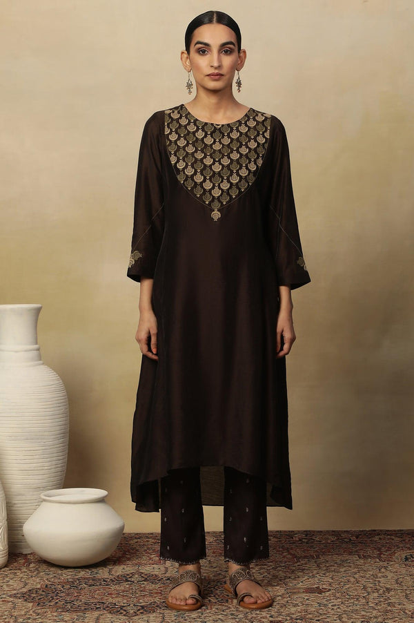 Brown Embroidered Kurta In Chanderi