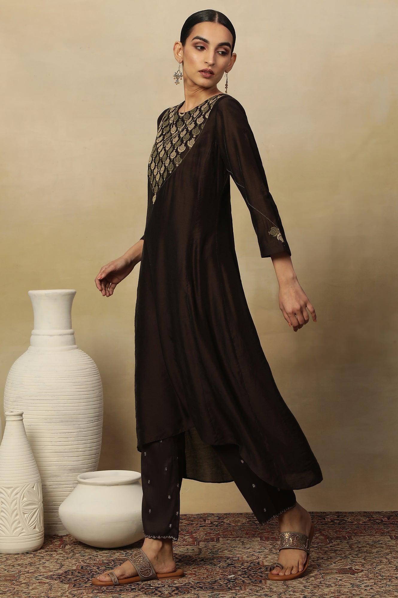 Brown Embroidered Kurta In Chanderi - wforwoman