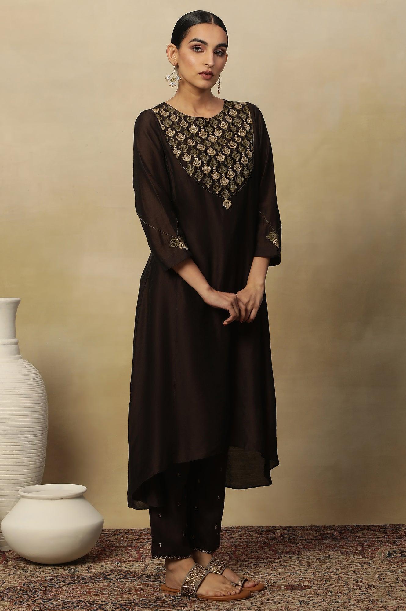 Brown Embroidered Kurta In Chanderi - wforwoman