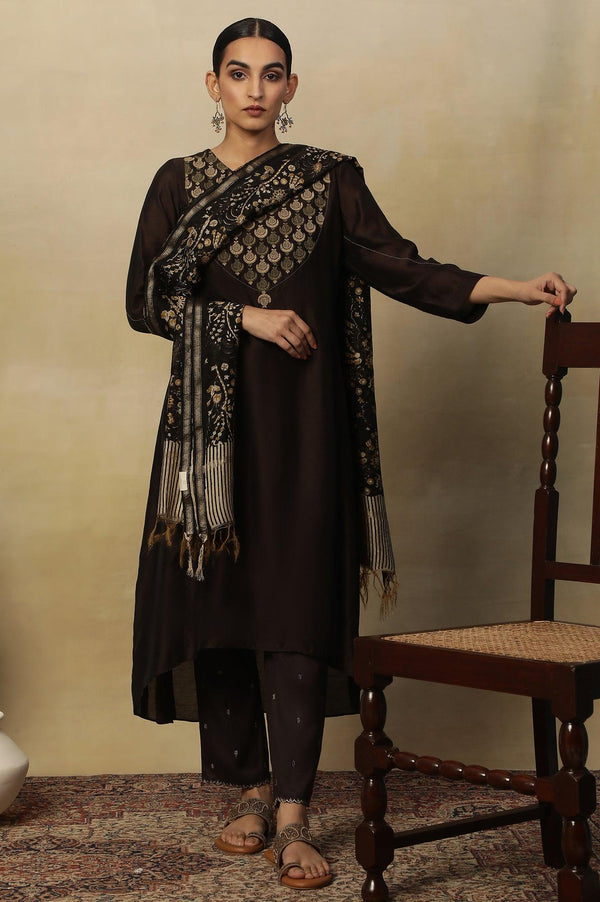 Brown Embroidered Kurta In Chanderi