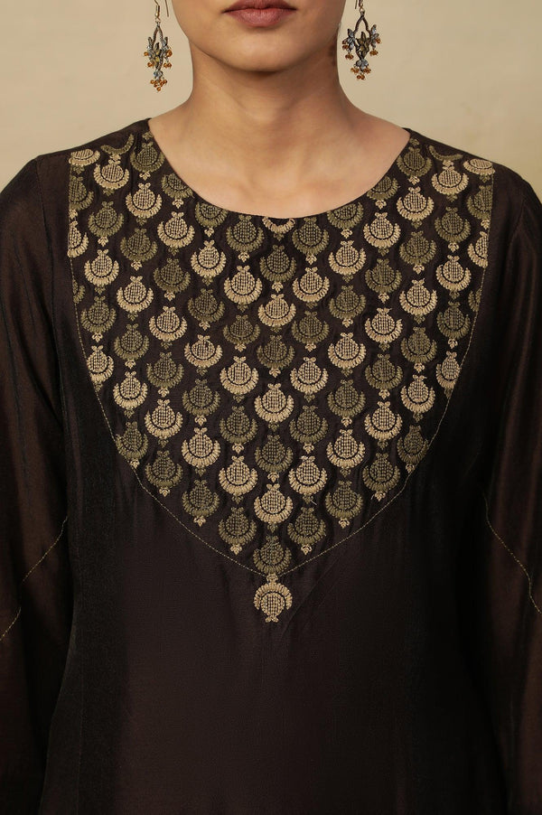 Brown Embroidered Kurta In Chanderi