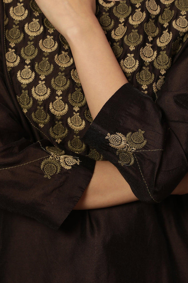 Brown Embroidered Kurta In Chanderi