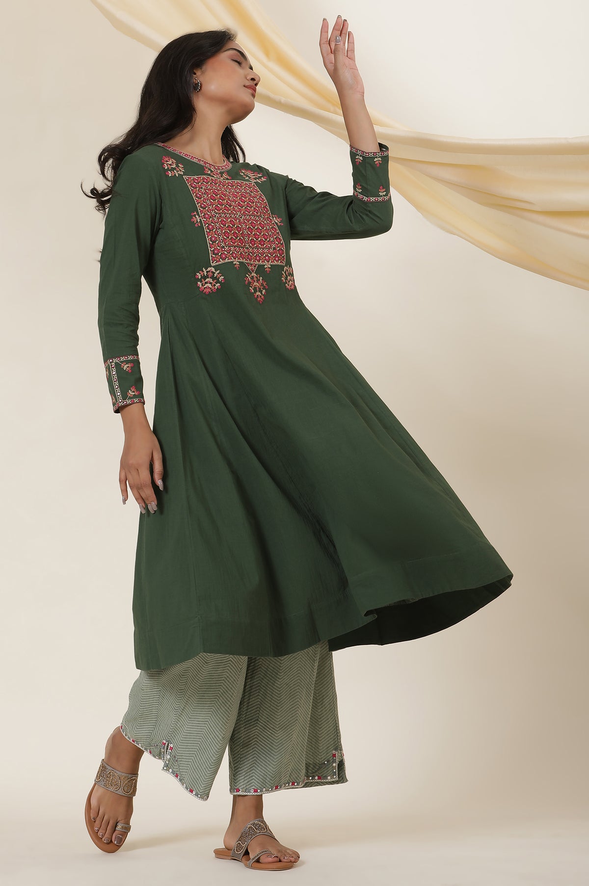 Green Yoke Embroidery Flared Kurta In Cotton Voile - XS