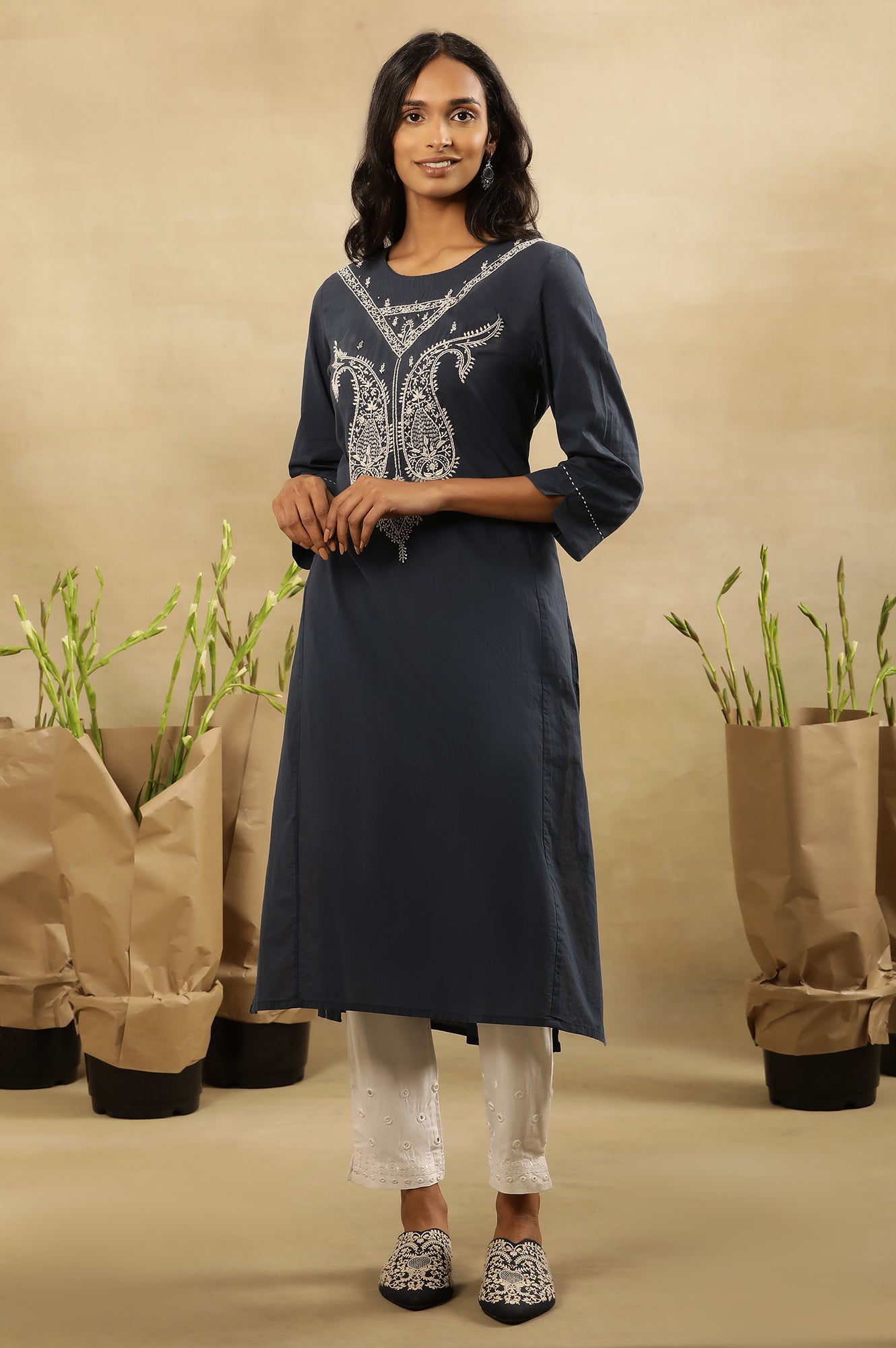 Navy Blue Chikankari Kurta In Cotton Voile