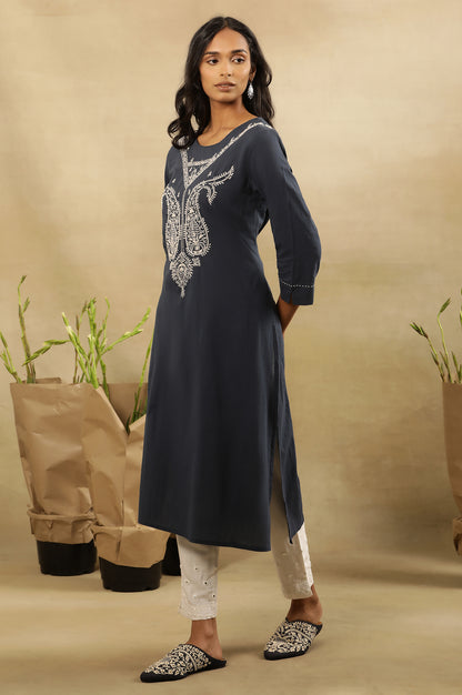 Navy Blue Chikankari Kurta In Cotton Voile