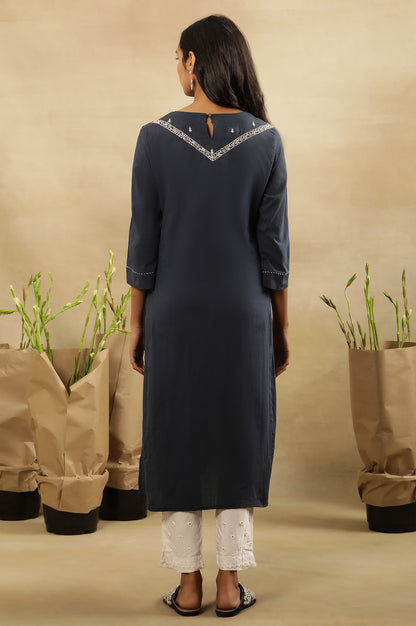 Navy Blue Chikankari Kurta In Cotton Voile