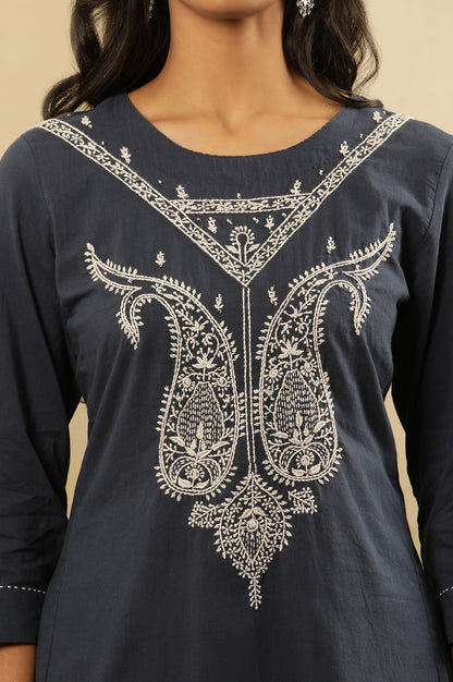 Navy Blue Chikankari Kurta In Cotton Voile