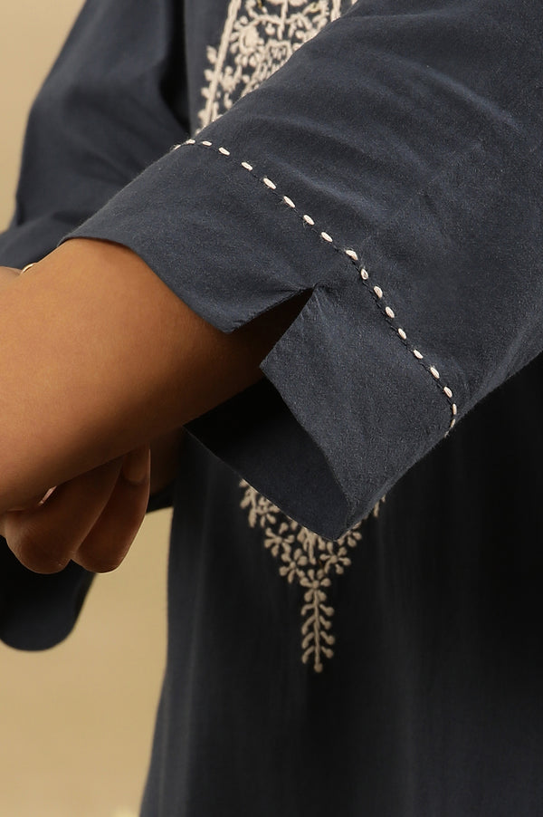 Navy Blue Chikankari Kurta In Cotton Voile