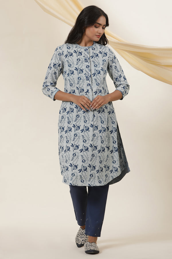 Ecru & Indigo Block Print Shirt Dress Kurta