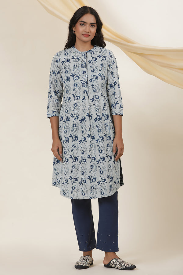 Ecru & Indigo Block Print Shirt Dress Kurta