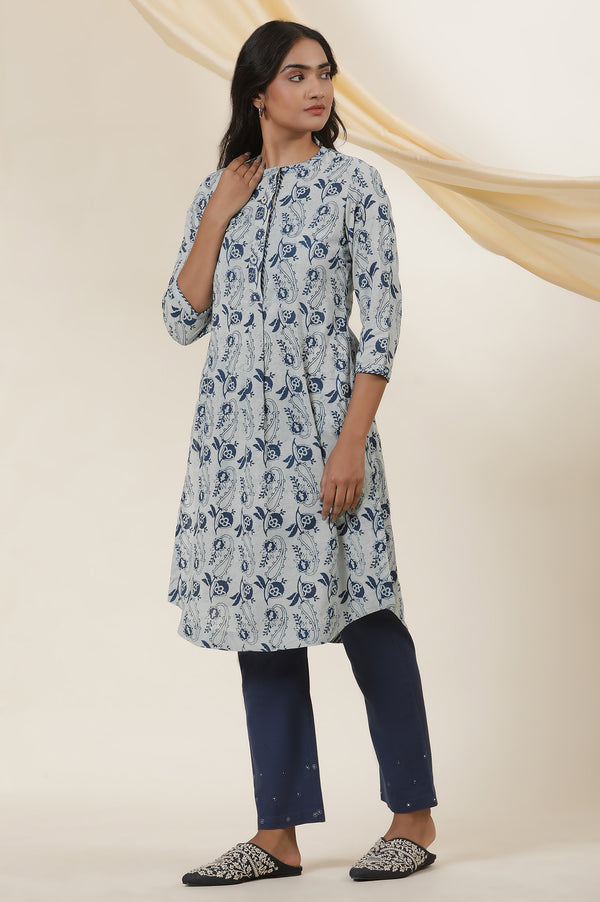 Ecru & Indigo Block Print Shirt Dress Kurta