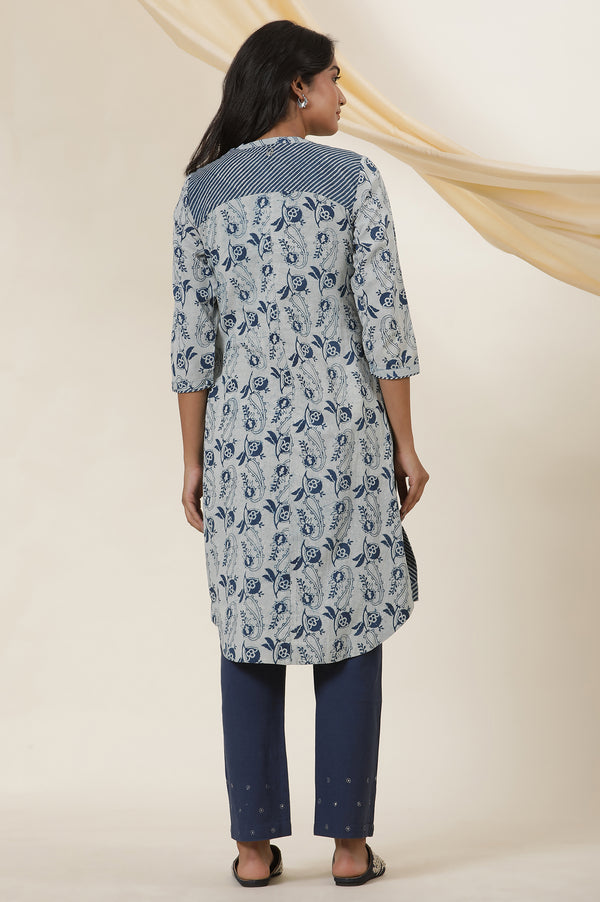 Ecru & Indigo Block Print Shirt Dress Kurta