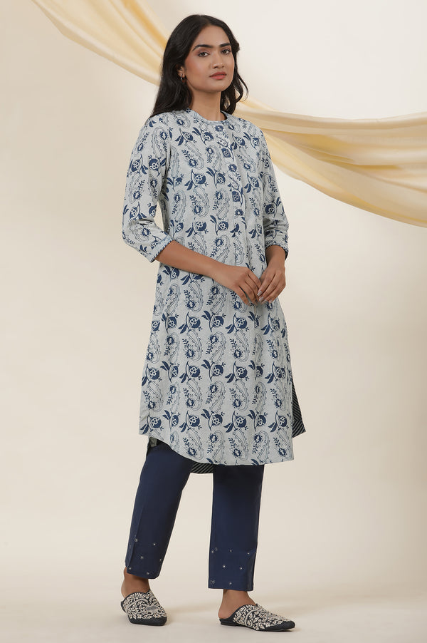Ecru & Indigo Block Print Shirt Dress Kurta