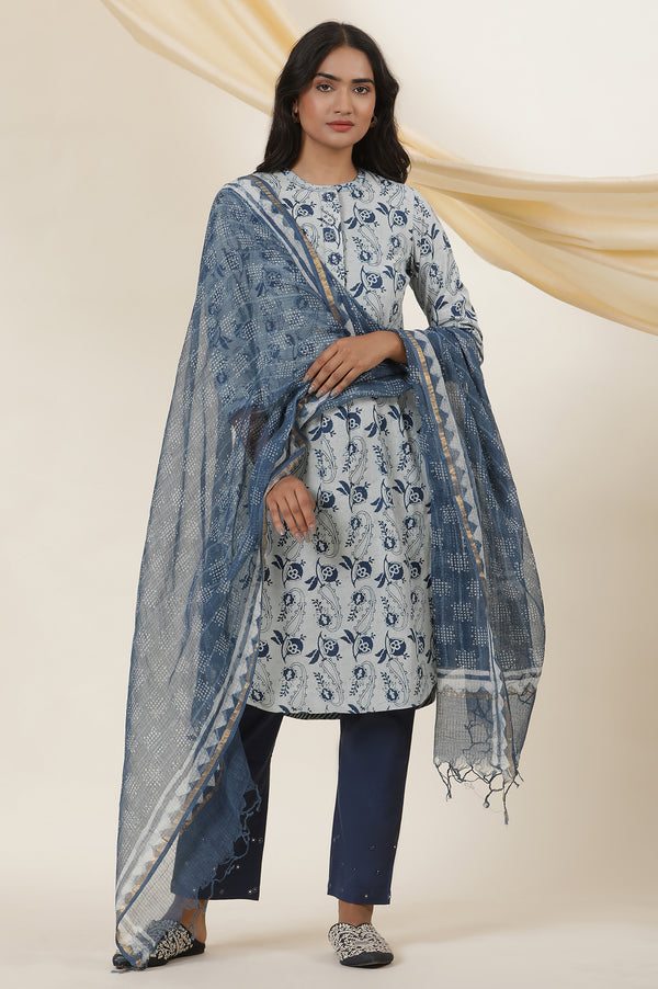 Ecru & Indigo Block Print Shirt Dress Kurta