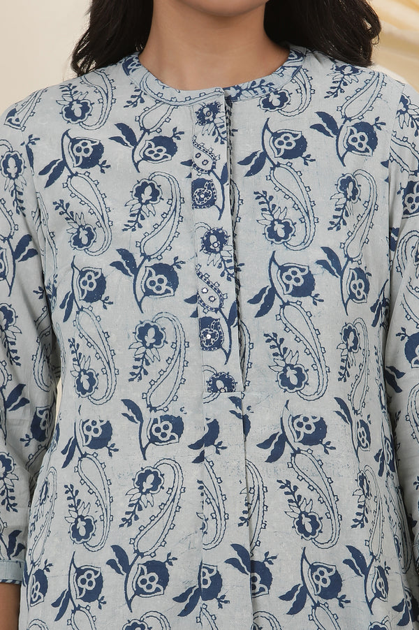 Ecru & Indigo Block Print Shirt Dress Kurta