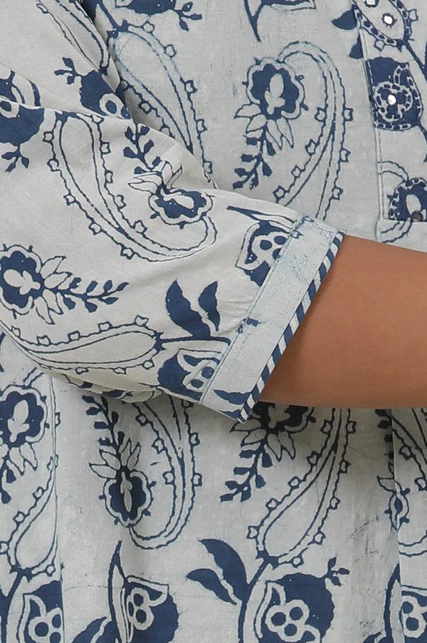 Ecru & Indigo Block Print Shirt Dress Kurta