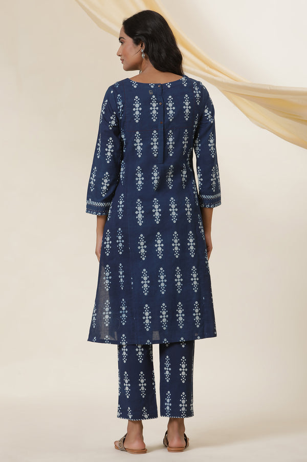 Indigo Buti Block Print Round Neck Kurta