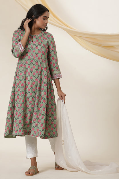 Green Buti Block Print Panelled Kurta