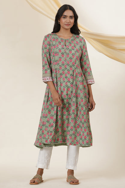 Green Buti Block Print Panelled Kurta