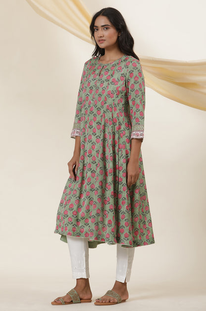 Green Buti Block Print Panelled Kurta