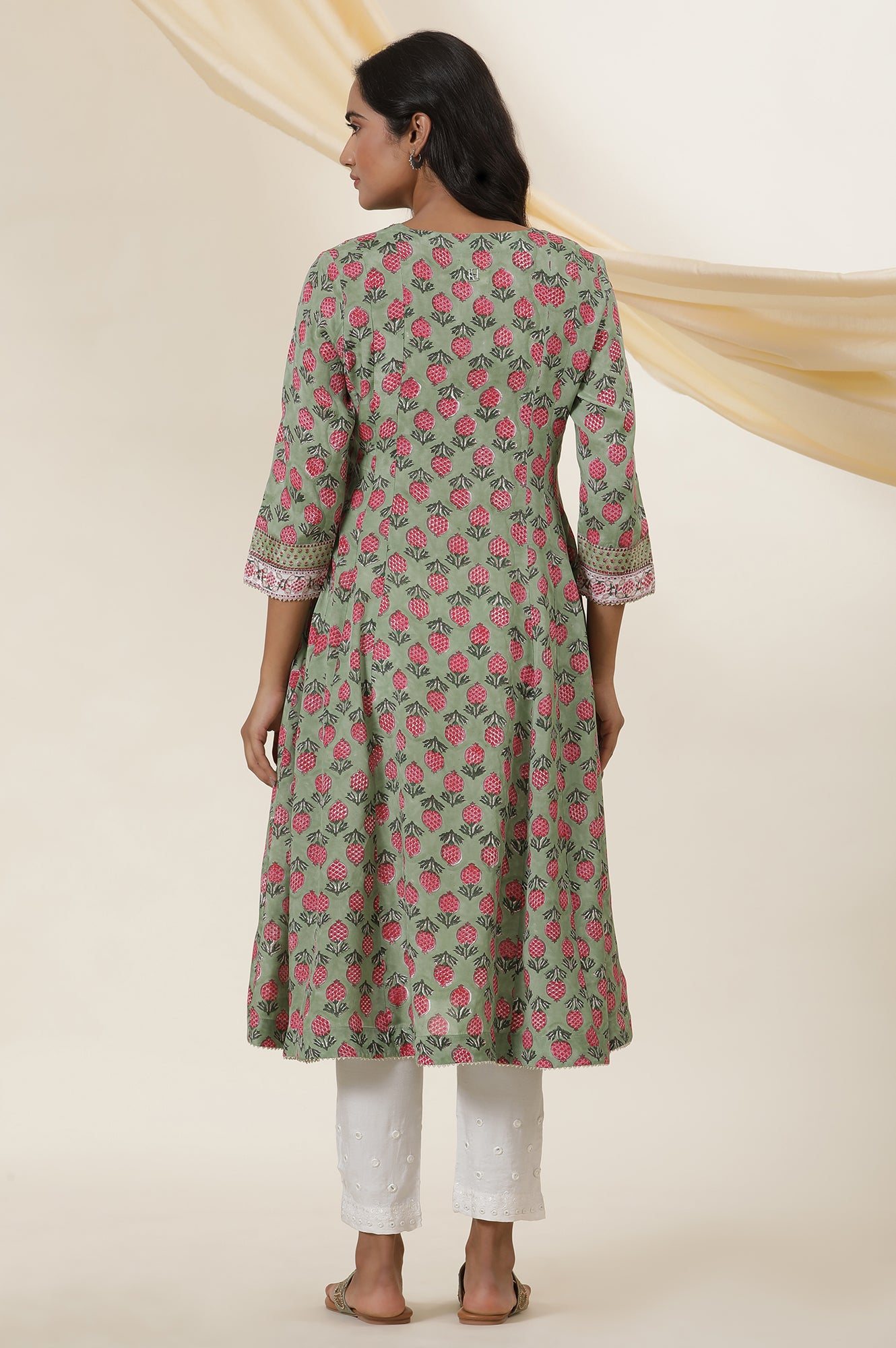 Green Buti Block Print Panelled Kurta