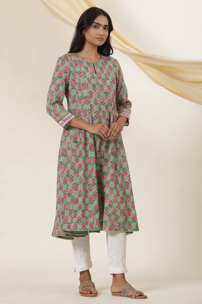 Green Buti Block Print Panelled Kurta