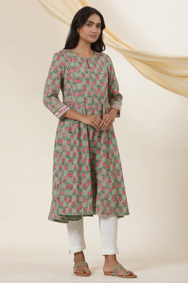 Green Buti Block Print Panelled Kurta