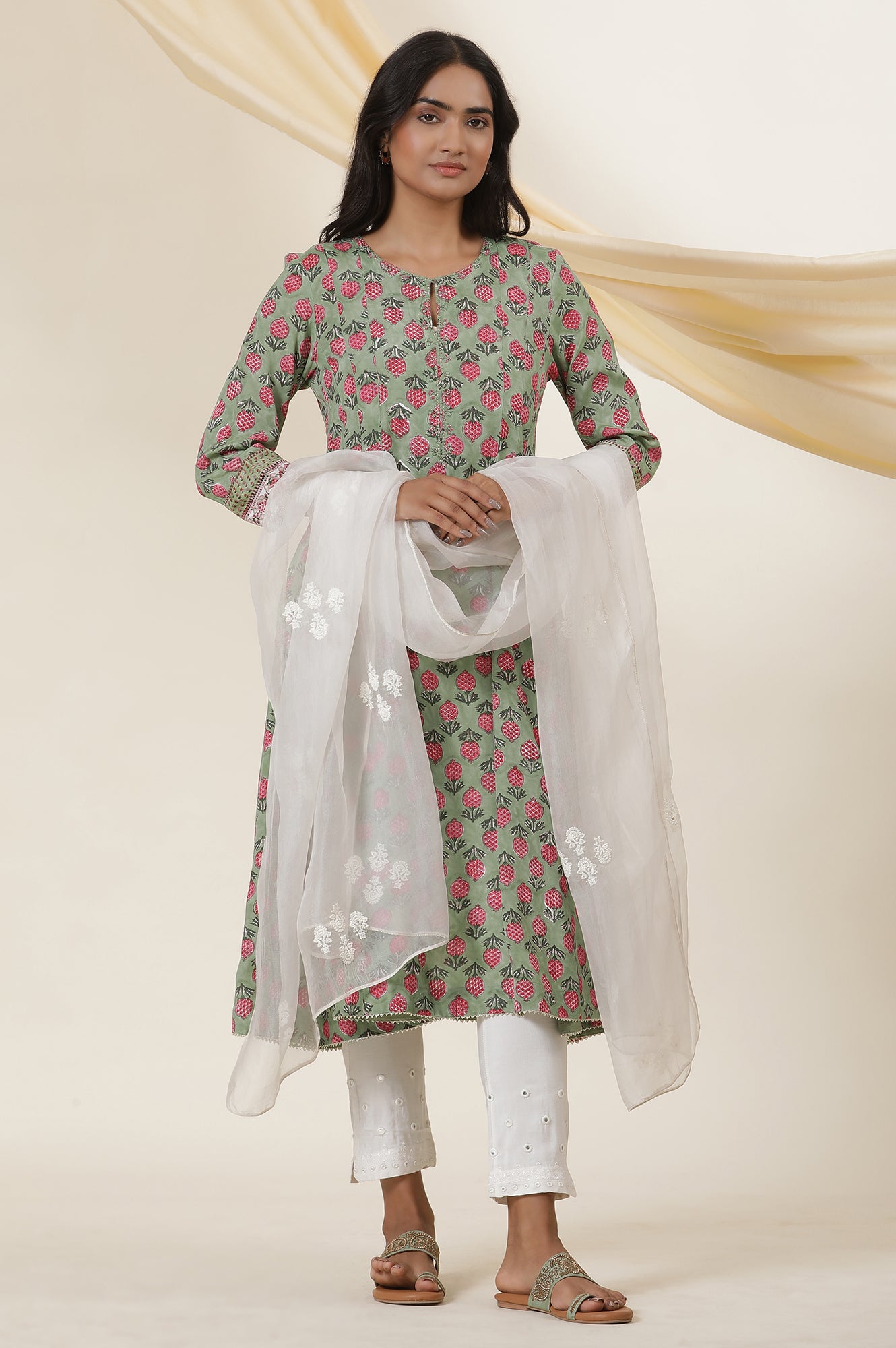 Green Buti Block Print Panelled Kurta