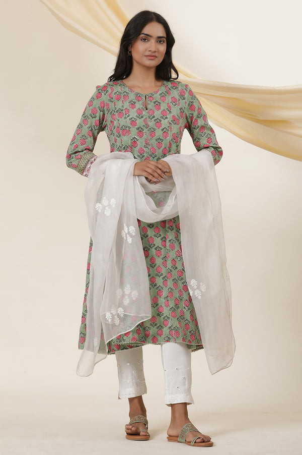 Green Buti Block Print Panelled Kurta