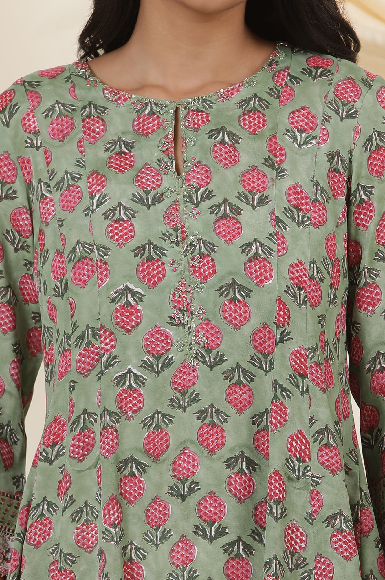 Green Buti Block Print Panelled Kurta