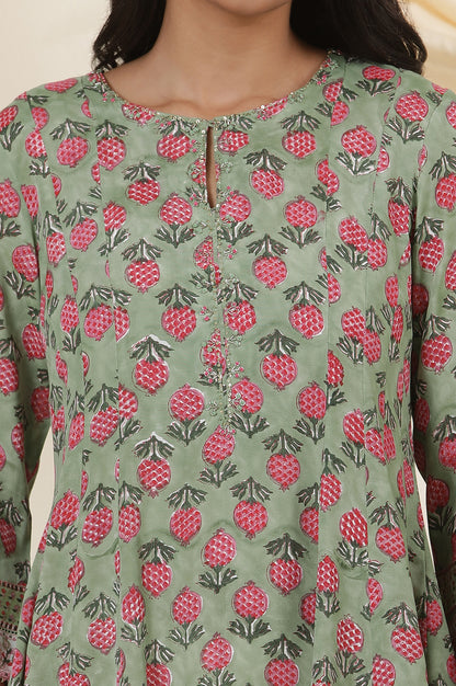 Green Buti Block Print Panelled Kurta