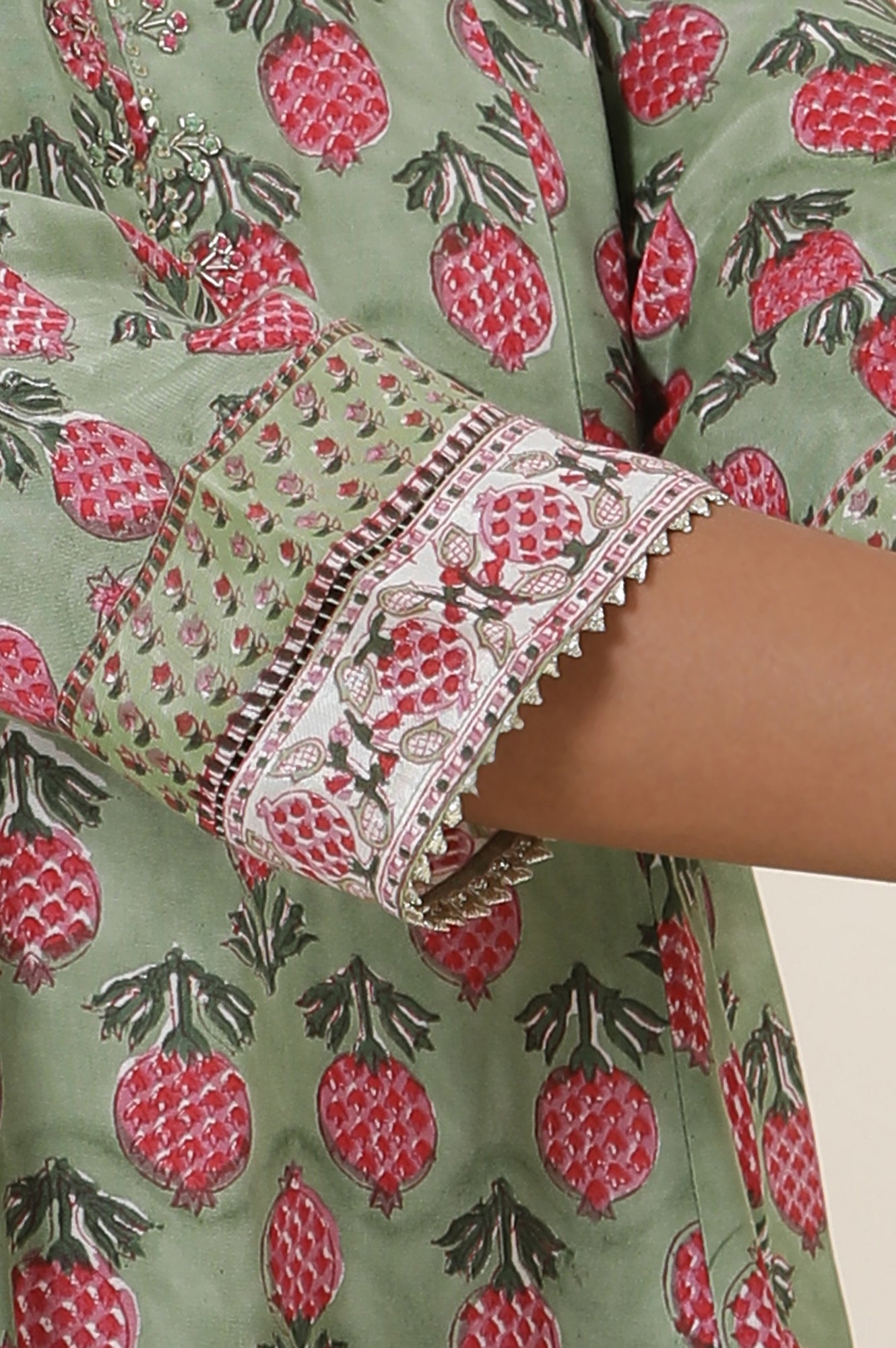 Green Buti Block Print Panelled Kurta