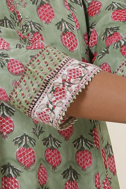 Green Buti Block Print Panelled Kurta