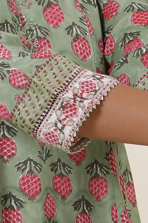 Green Buti Block Print Panelled Kurta