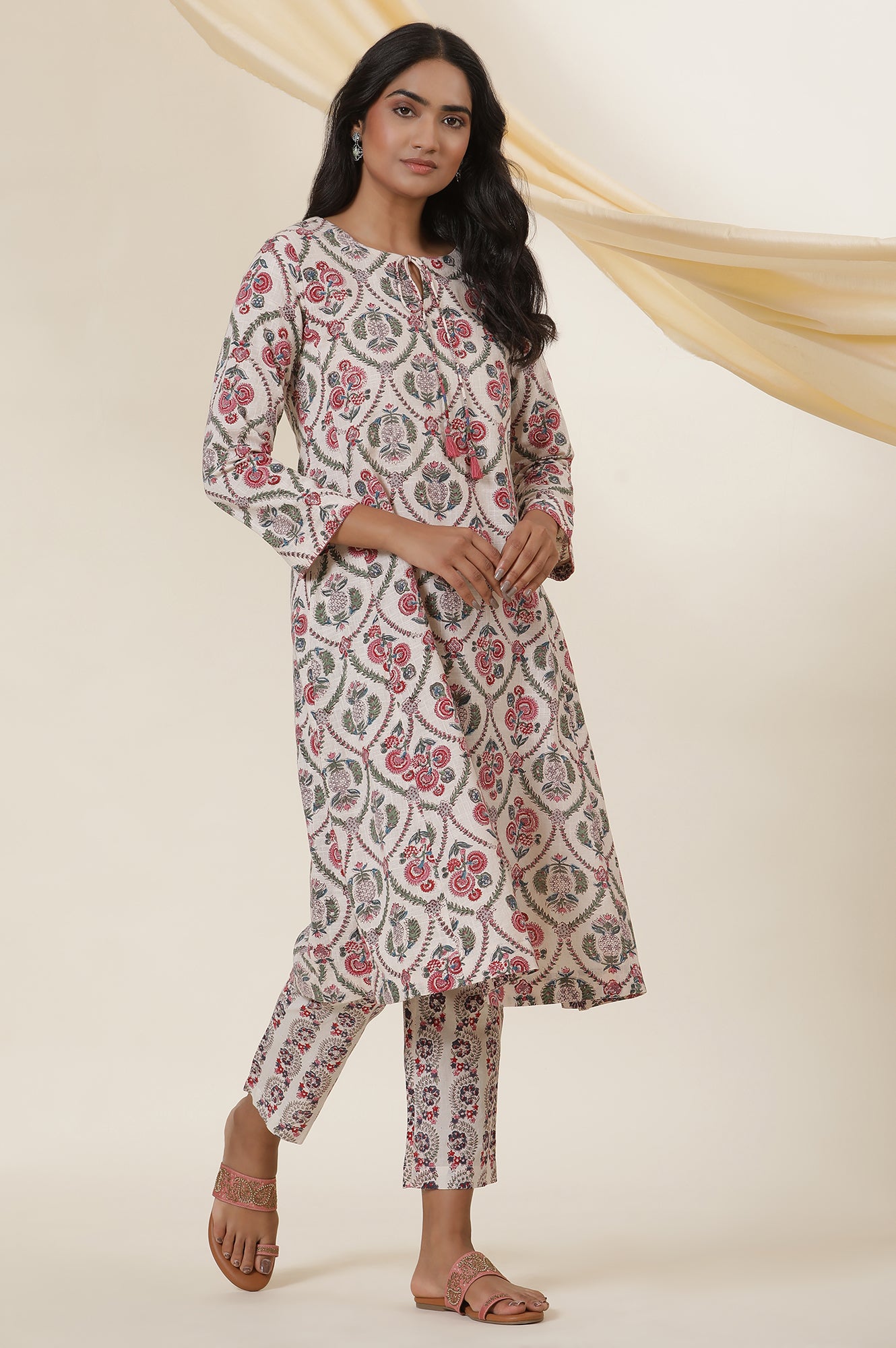 Ecru Cotton Slub Kurta In Multi-Colured Block-Print With Neck-Tie Up