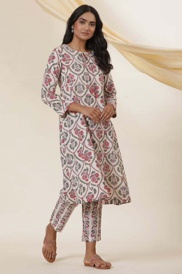 Ecru Cotton Slub Kurta In Multi-Colured Block-Print With Neck-Tie Up